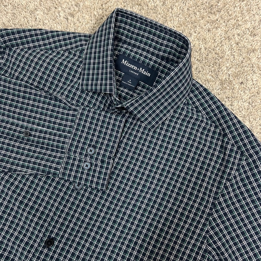 Mizzen+Main Dress Shirt Leeward S Navy Green Plaid Trim Fit 1WS-1254